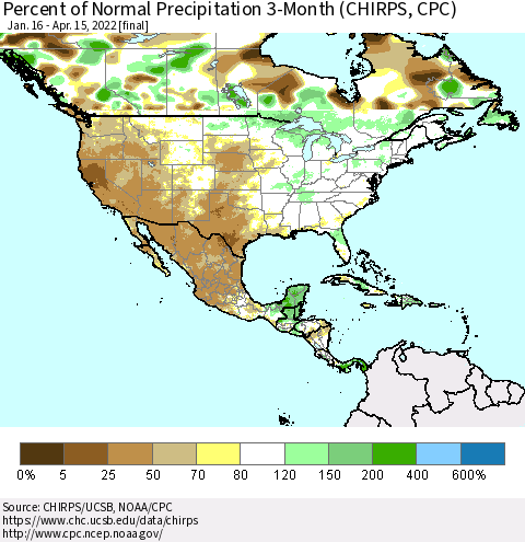 North America Percent of Normal Precipitation 3-Month (CHIRPS) Thematic Map For 1/16/2022 - 4/15/2022