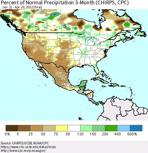 North America Percent of Normal Precipitation 3-Month (CHIRPS) Thematic Map For 1/21/2022 - 4/20/2022