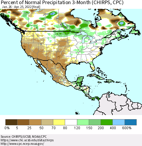 North America Percent of Normal Precipitation 3-Month (CHIRPS) Thematic Map For 1/26/2022 - 4/25/2022