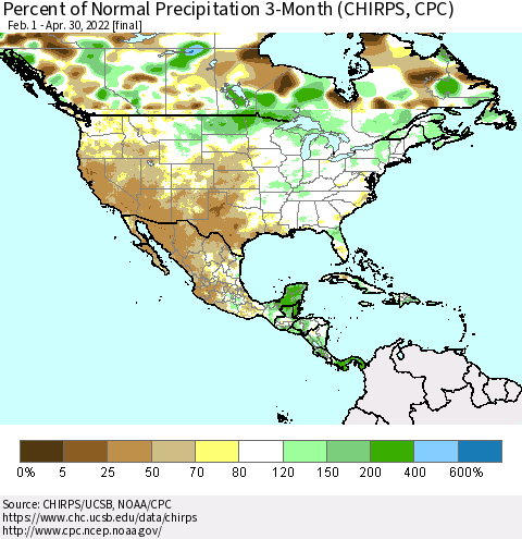 North America Percent of Normal Precipitation 3-Month (CHIRPS) Thematic Map For 2/1/2022 - 4/30/2022