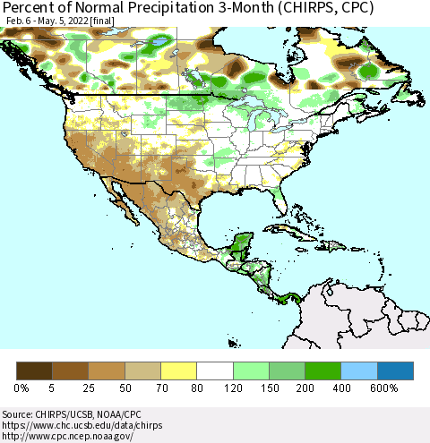 North America Percent of Normal Precipitation 3-Month (CHIRPS) Thematic Map For 2/6/2022 - 5/5/2022