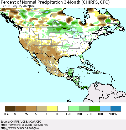 North America Percent of Normal Precipitation 3-Month (CHIRPS) Thematic Map For 2/16/2022 - 5/15/2022