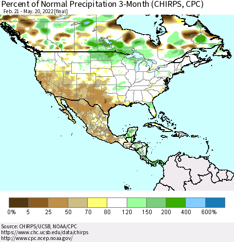 North America Percent of Normal Precipitation 3-Month (CHIRPS) Thematic Map For 2/21/2022 - 5/20/2022