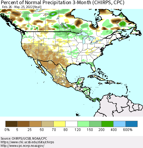 North America Percent of Normal Precipitation 3-Month (CHIRPS) Thematic Map For 2/26/2022 - 5/25/2022