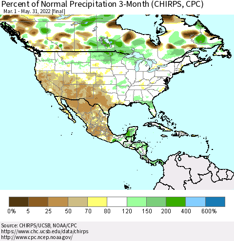 North America Percent of Normal Precipitation 3-Month (CHIRPS) Thematic Map For 3/1/2022 - 5/31/2022