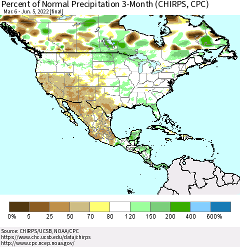 North America Percent of Normal Precipitation 3-Month (CHIRPS) Thematic Map For 3/6/2022 - 6/5/2022