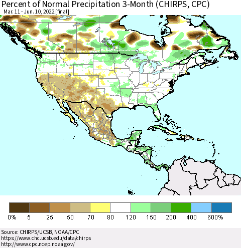 North America Percent of Normal Precipitation 3-Month (CHIRPS) Thematic Map For 3/11/2022 - 6/10/2022