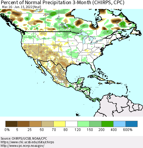 North America Percent of Normal Precipitation 3-Month (CHIRPS) Thematic Map For 3/16/2022 - 6/15/2022