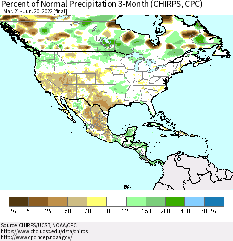 North America Percent of Normal Precipitation 3-Month (CHIRPS) Thematic Map For 3/21/2022 - 6/20/2022