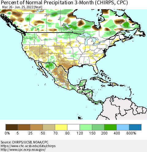 North America Percent of Normal Precipitation 3-Month (CHIRPS) Thematic Map For 3/26/2022 - 6/25/2022