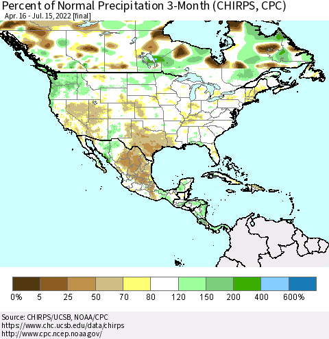 North America Percent of Normal Precipitation 3-Month (CHIRPS) Thematic Map For 4/16/2022 - 7/15/2022