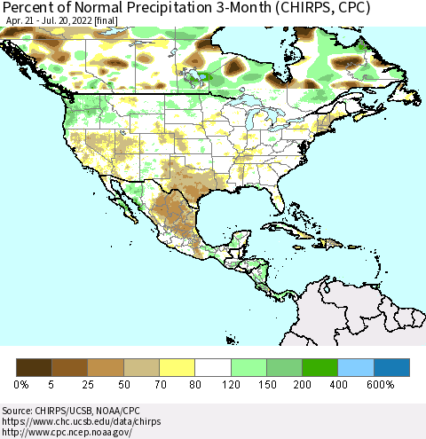 North America Percent of Normal Precipitation 3-Month (CHIRPS) Thematic Map For 4/21/2022 - 7/20/2022