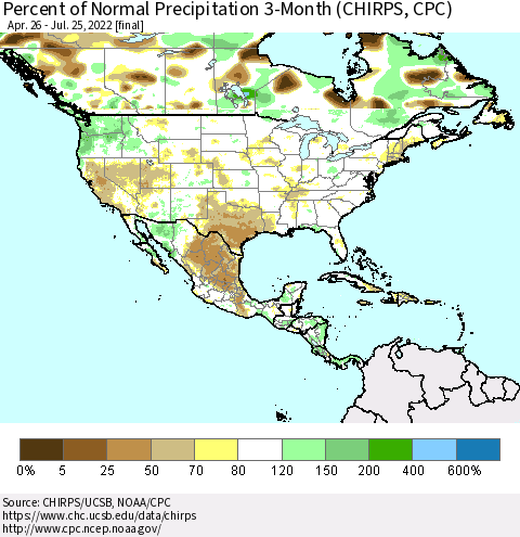 North America Percent of Normal Precipitation 3-Month (CHIRPS) Thematic Map For 4/26/2022 - 7/25/2022