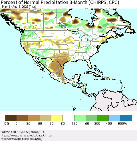 North America Percent of Normal Precipitation 3-Month (CHIRPS) Thematic Map For 5/6/2022 - 8/5/2022
