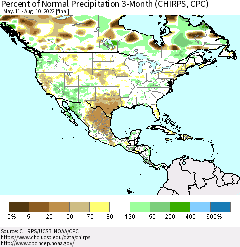 North America Percent of Normal Precipitation 3-Month (CHIRPS) Thematic Map For 5/11/2022 - 8/10/2022