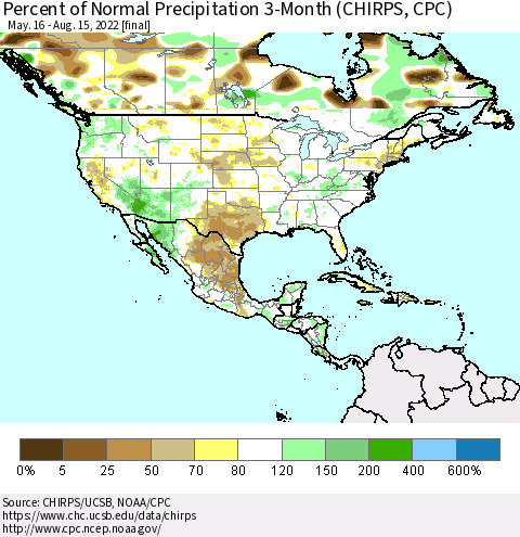 North America Percent of Normal Precipitation 3-Month (CHIRPS) Thematic Map For 5/16/2022 - 8/15/2022