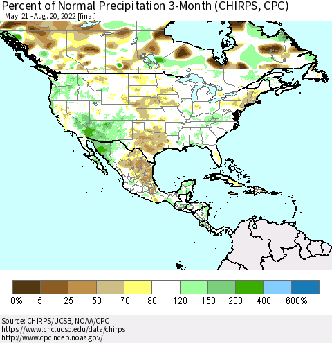 North America Percent of Normal Precipitation 3-Month (CHIRPS) Thematic Map For 5/21/2022 - 8/20/2022