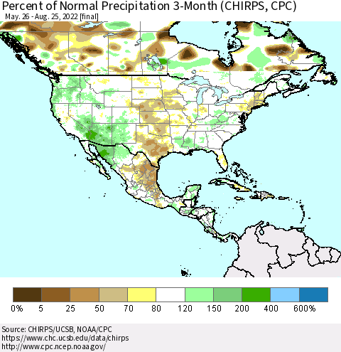 North America Percent of Normal Precipitation 3-Month (CHIRPS) Thematic Map For 5/26/2022 - 8/25/2022