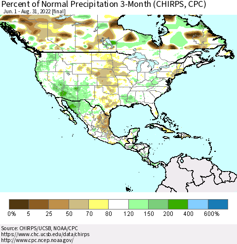 North America Percent of Normal Precipitation 3-Month (CHIRPS) Thematic Map For 6/1/2022 - 8/31/2022