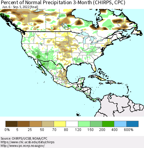North America Percent of Normal Precipitation 3-Month (CHIRPS) Thematic Map For 6/6/2022 - 9/5/2022