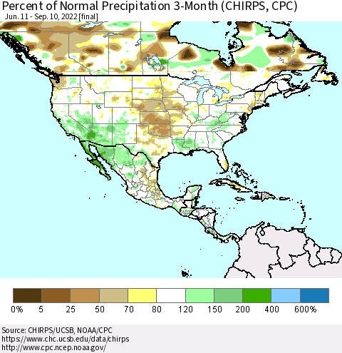 North America Percent of Normal Precipitation 3-Month (CHIRPS) Thematic Map For 6/11/2022 - 9/10/2022