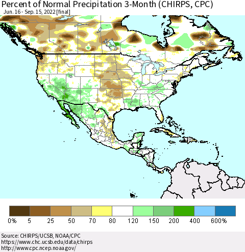 North America Percent of Normal Precipitation 3-Month (CHIRPS) Thematic Map For 6/16/2022 - 9/15/2022