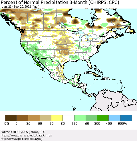 North America Percent of Normal Precipitation 3-Month (CHIRPS) Thematic Map For 6/21/2022 - 9/20/2022