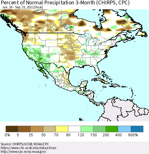 North America Percent of Normal Precipitation 3-Month (CHIRPS) Thematic Map For 6/26/2022 - 9/25/2022