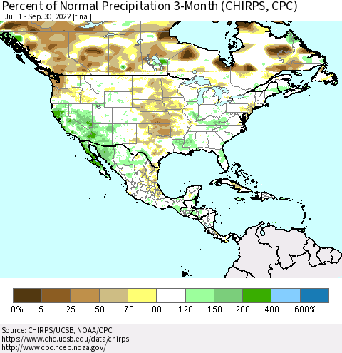 North America Percent of Normal Precipitation 3-Month (CHIRPS) Thematic Map For 7/1/2022 - 9/30/2022