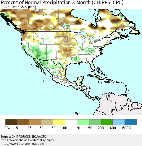 North America Percent of Normal Precipitation 3-Month (CHIRPS) Thematic Map For 7/6/2022 - 10/5/2022