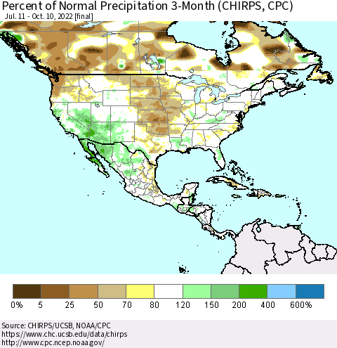 North America Percent of Normal Precipitation 3-Month (CHIRPS) Thematic Map For 7/11/2022 - 10/10/2022