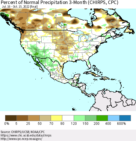 North America Percent of Normal Precipitation 3-Month (CHIRPS) Thematic Map For 7/16/2022 - 10/15/2022