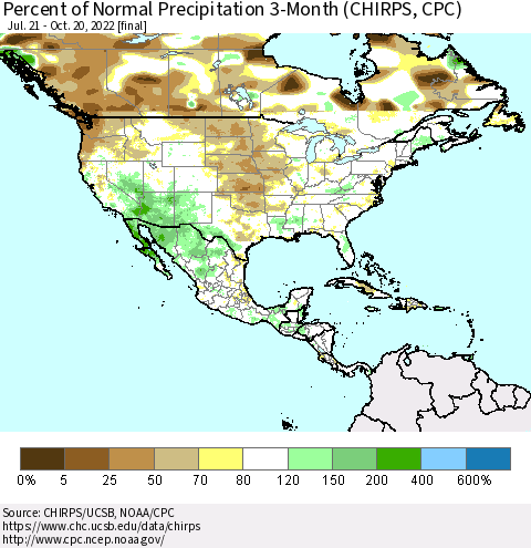 North America Percent of Normal Precipitation 3-Month (CHIRPS) Thematic Map For 7/21/2022 - 10/20/2022