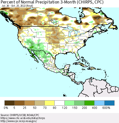 North America Percent of Normal Precipitation 3-Month (CHIRPS) Thematic Map For 7/26/2022 - 10/25/2022