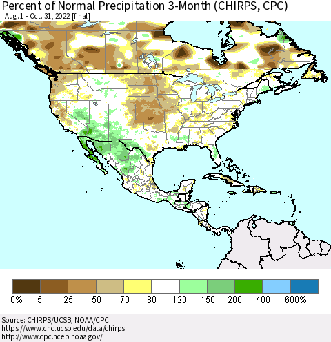 North America Percent of Normal Precipitation 3-Month (CHIRPS) Thematic Map For 8/1/2022 - 10/31/2022
