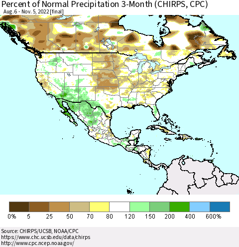 North America Percent of Normal Precipitation 3-Month (CHIRPS) Thematic Map For 8/6/2022 - 11/5/2022