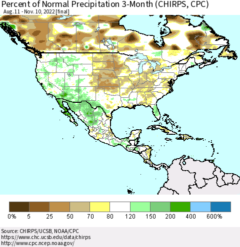 North America Percent of Normal Precipitation 3-Month (CHIRPS) Thematic Map For 8/11/2022 - 11/10/2022