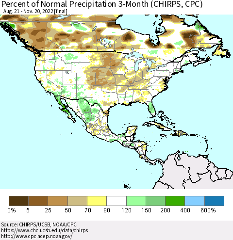 North America Percent of Normal Precipitation 3-Month (CHIRPS) Thematic Map For 8/21/2022 - 11/20/2022