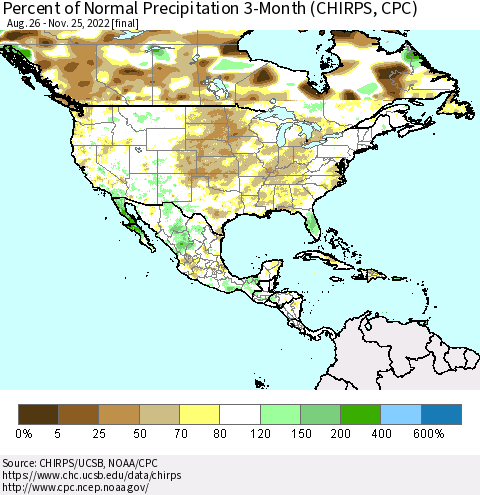 North America Percent of Normal Precipitation 3-Month (CHIRPS) Thematic Map For 8/26/2022 - 11/25/2022