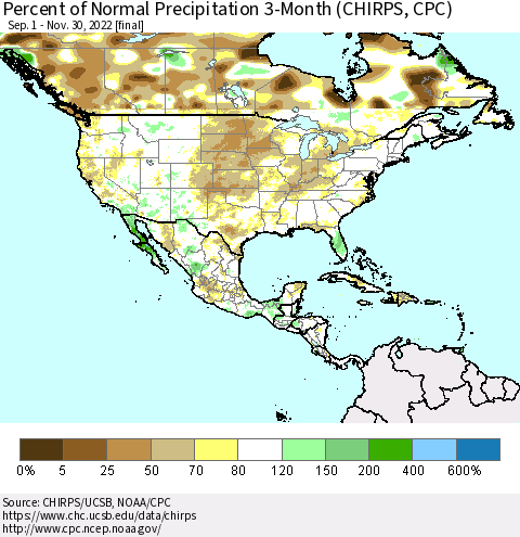 North America Percent of Normal Precipitation 3-Month (CHIRPS) Thematic Map For 9/1/2022 - 11/30/2022