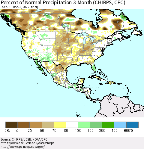 North America Percent of Normal Precipitation 3-Month (CHIRPS) Thematic Map For 9/6/2022 - 12/5/2022