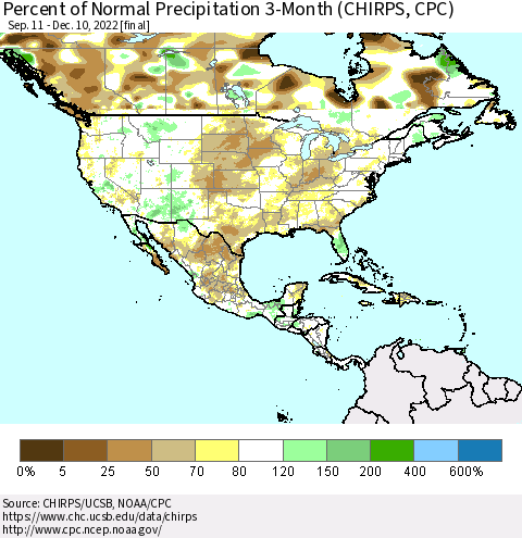 North America Percent of Normal Precipitation 3-Month (CHIRPS) Thematic Map For 9/11/2022 - 12/10/2022