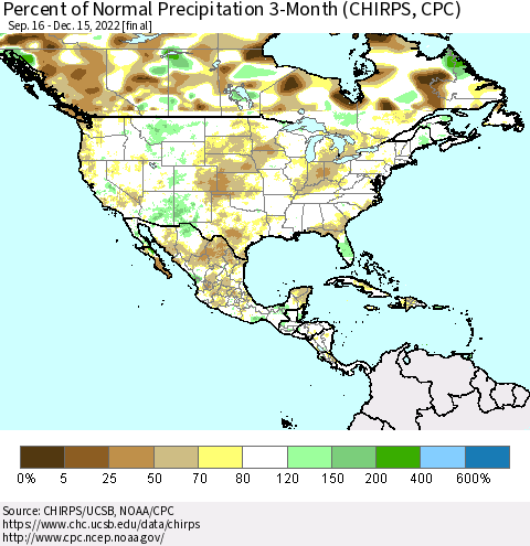 North America Percent of Normal Precipitation 3-Month (CHIRPS) Thematic Map For 9/16/2022 - 12/15/2022
