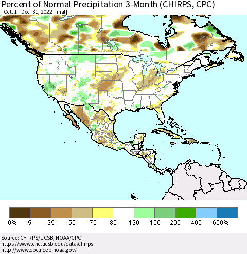North America Percent of Normal Precipitation 3-Month (CHIRPS) Thematic Map For 10/1/2022 - 12/31/2022