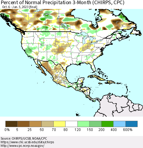 North America Percent of Normal Precipitation 3-Month (CHIRPS) Thematic Map For 10/6/2022 - 1/5/2023