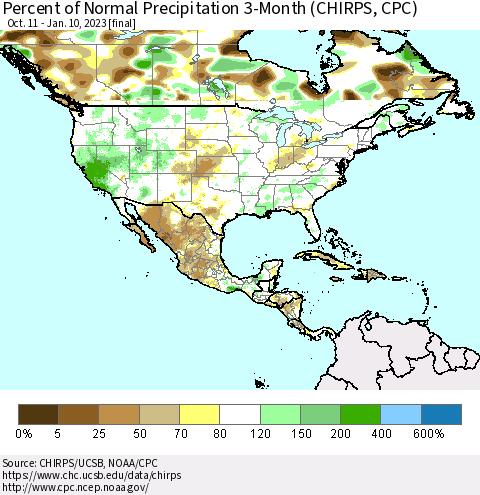 North America Percent of Normal Precipitation 3-Month (CHIRPS) Thematic Map For 10/11/2022 - 1/10/2023