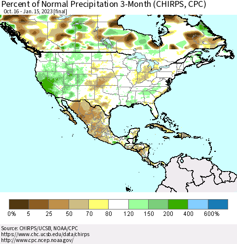 North America Percent of Normal Precipitation 3-Month (CHIRPS) Thematic Map For 10/16/2022 - 1/15/2023