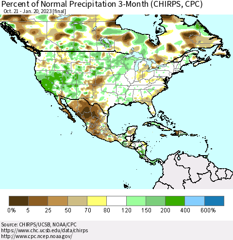 North America Percent of Normal Precipitation 3-Month (CHIRPS) Thematic Map For 10/21/2022 - 1/20/2023