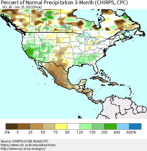 North America Percent of Normal Precipitation 3-Month (CHIRPS) Thematic Map For 10/26/2022 - 1/25/2023