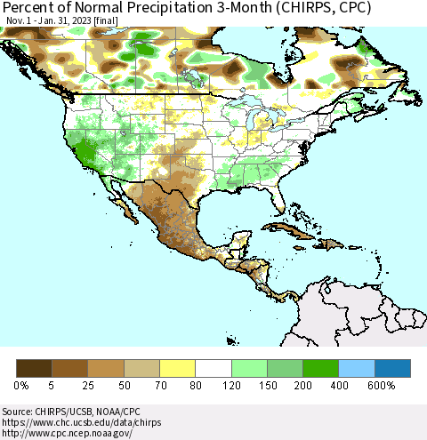 North America Percent of Normal Precipitation 3-Month (CHIRPS) Thematic Map For 11/1/2022 - 1/31/2023